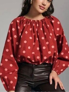 Maeve Anthropologie Red Polka-Dot Peasant Bubble Crop Top Sz L